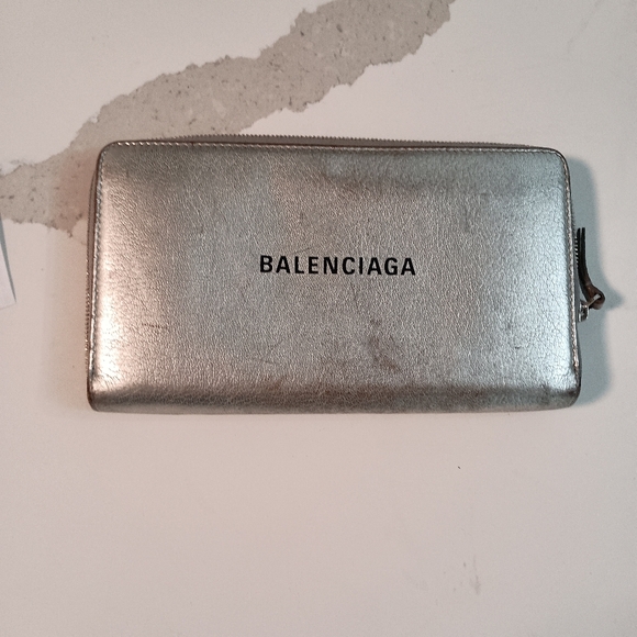 Balenciaga Long Continental Zip Around Wallet Silver Metallic Ville Leather - Picture 1 of 16